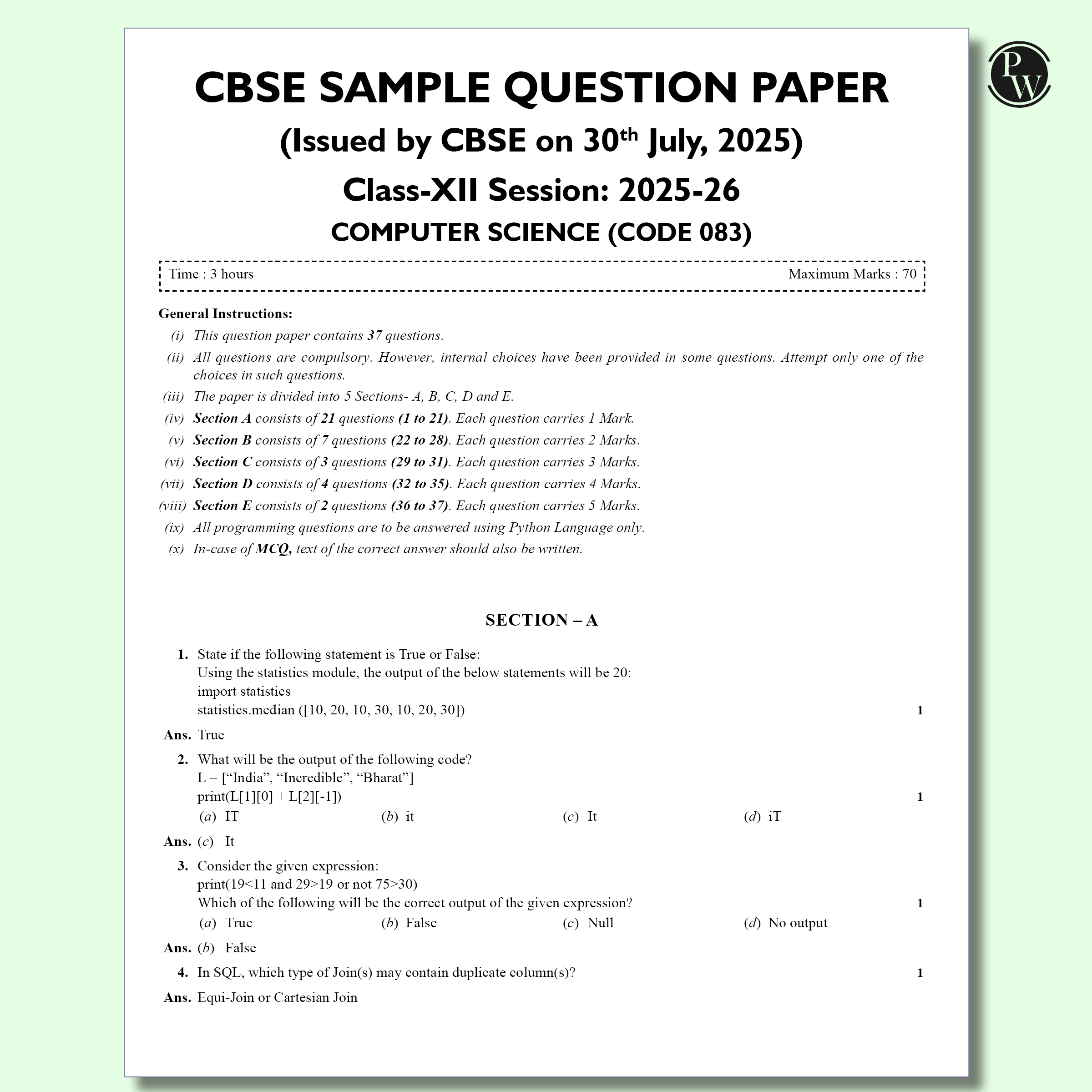 CBSE 12  Sample Question Papers Class 12 Computer Science For 2026 Board Exam (As Per Latest SQP Dated 30 July 2025) | 2024, 2025 Solved Paper, Mind Maps, Stepwise Marking