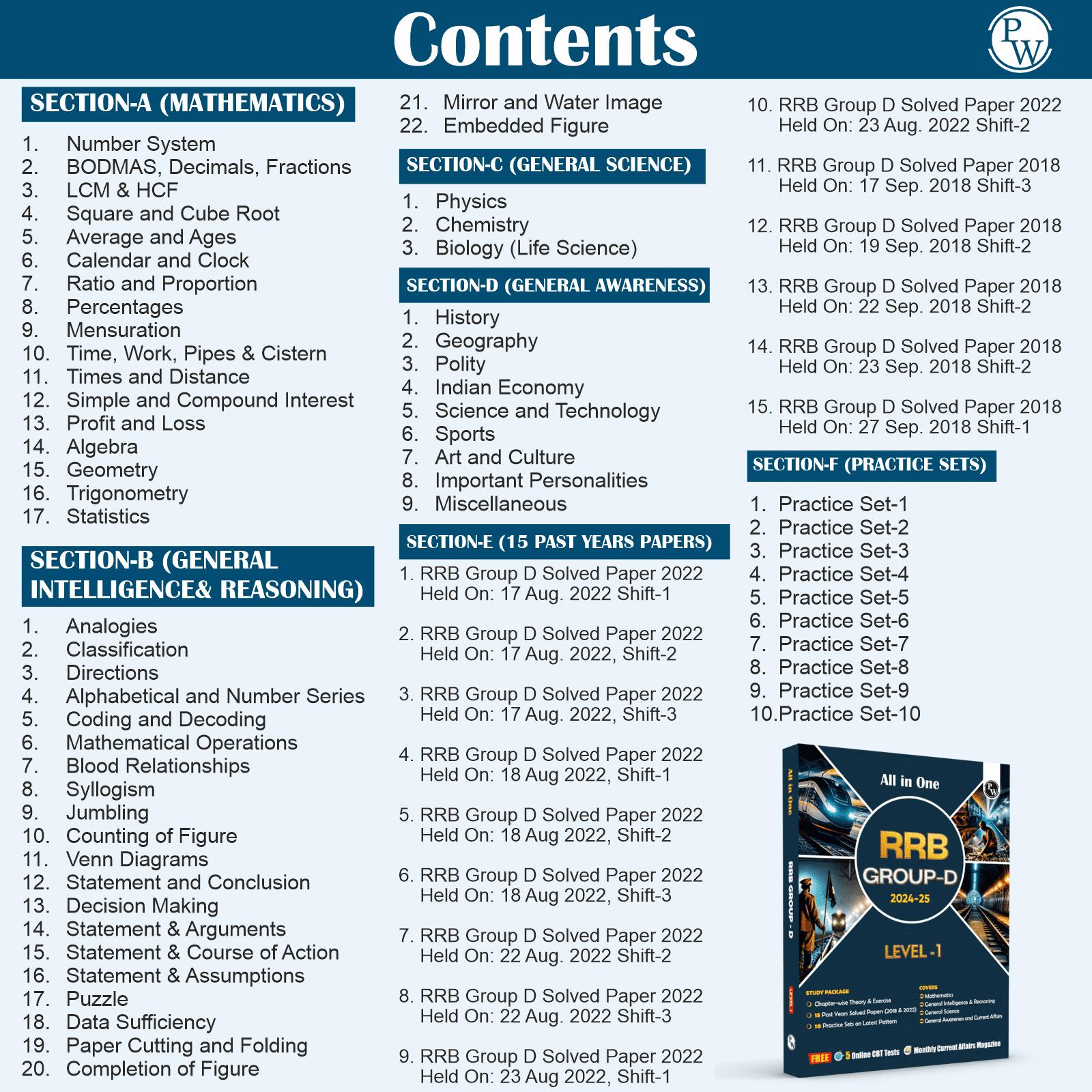 All in One RRB Group D Level-1 For 2024-25 Exam | Chapterwise Theory, Short Tricks and Exercises | 15 Previous Year Solved Papers (PYQs) 2018 & 2022 with 15 Practice Sets