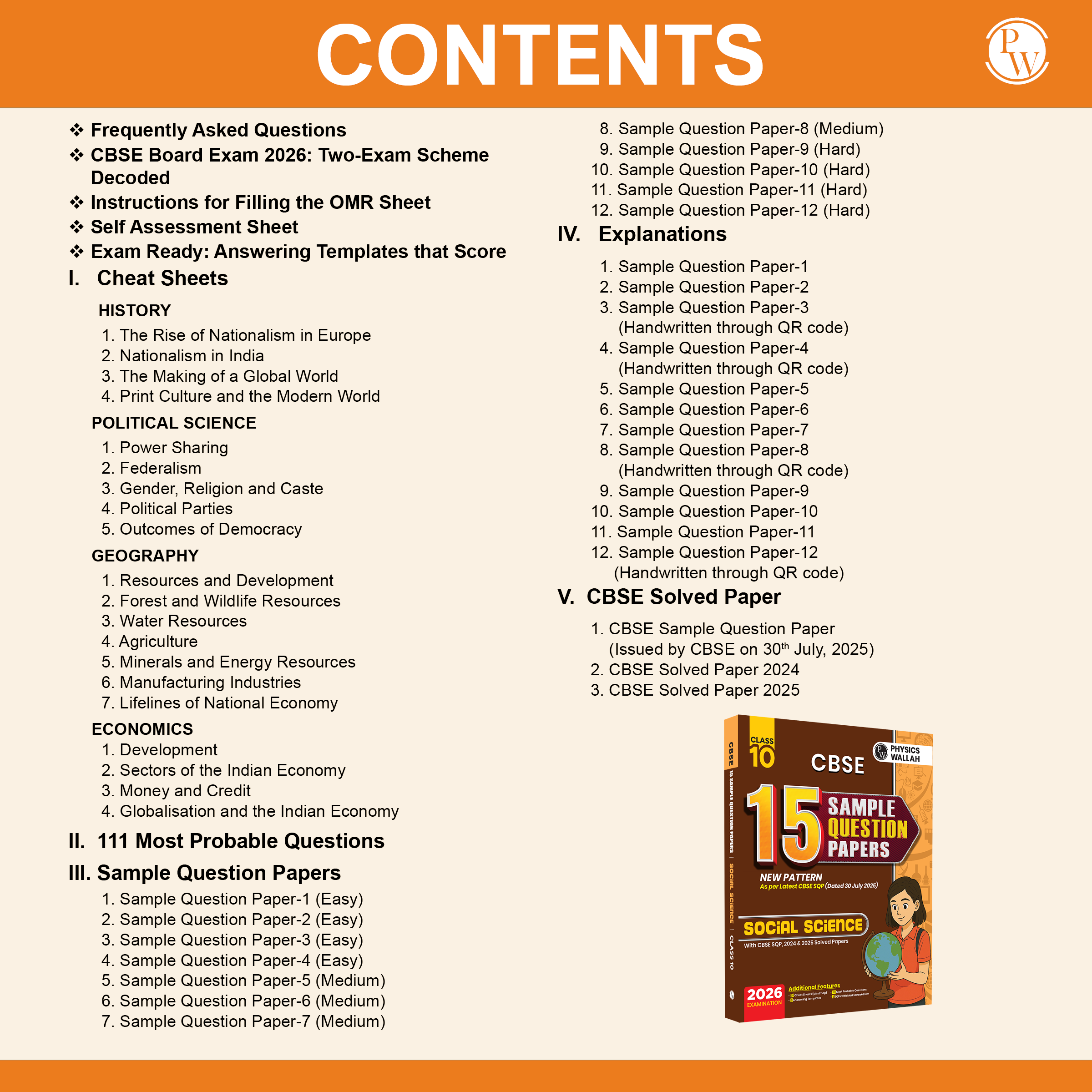 PW 15 CBSE Sample Paper Class 10 Social Science for 2026 Exam (As Per Latest SQP Dated 30 July 2025) | Mind Maps with 111 Most Probable Questions