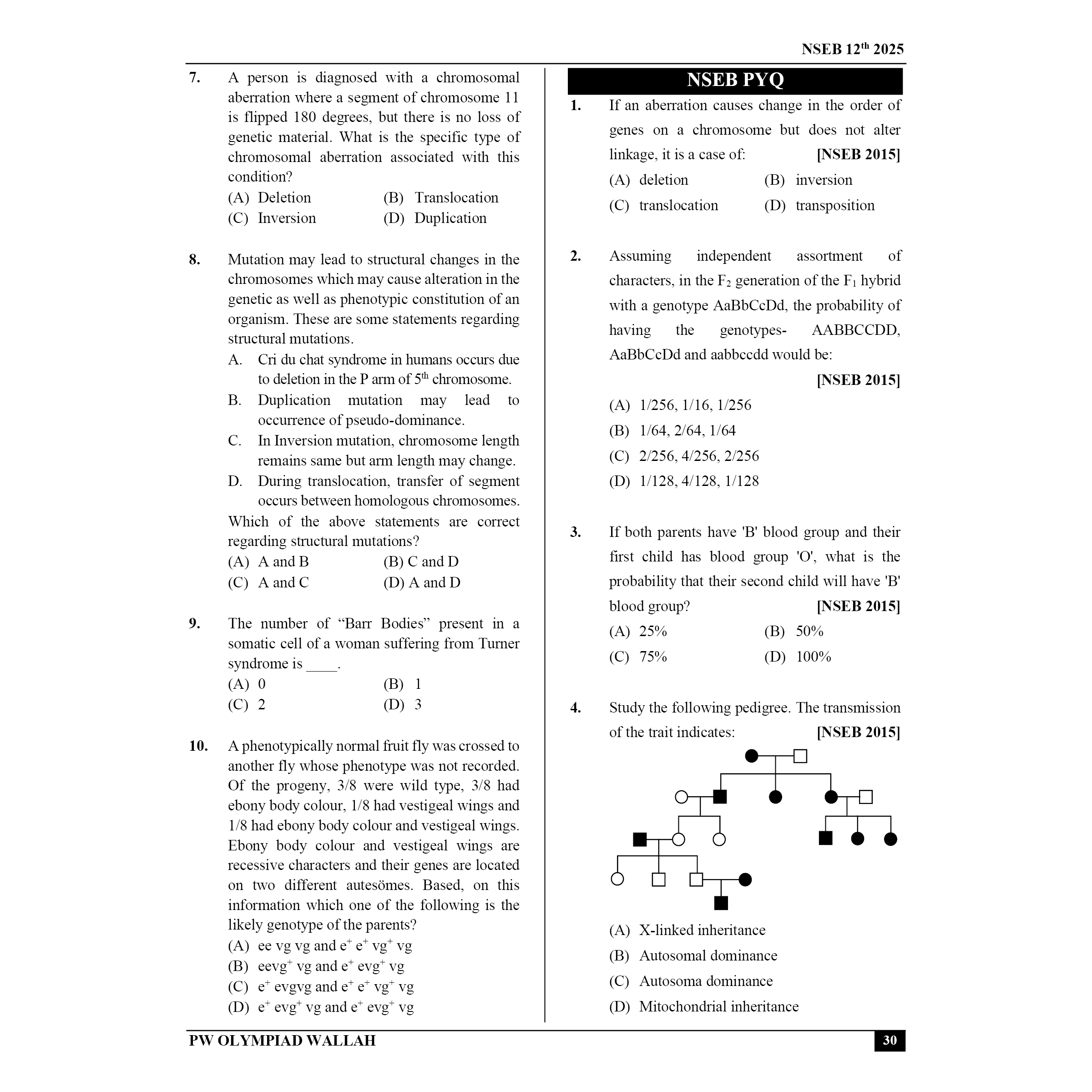 Olympiad Wallah NSEB Class 12 Advanced Biology (Part 1) For Biology Olympiad 2025 | Practice Questions, PYQ, Detailed Solutions | Ideal For INBO & IBO