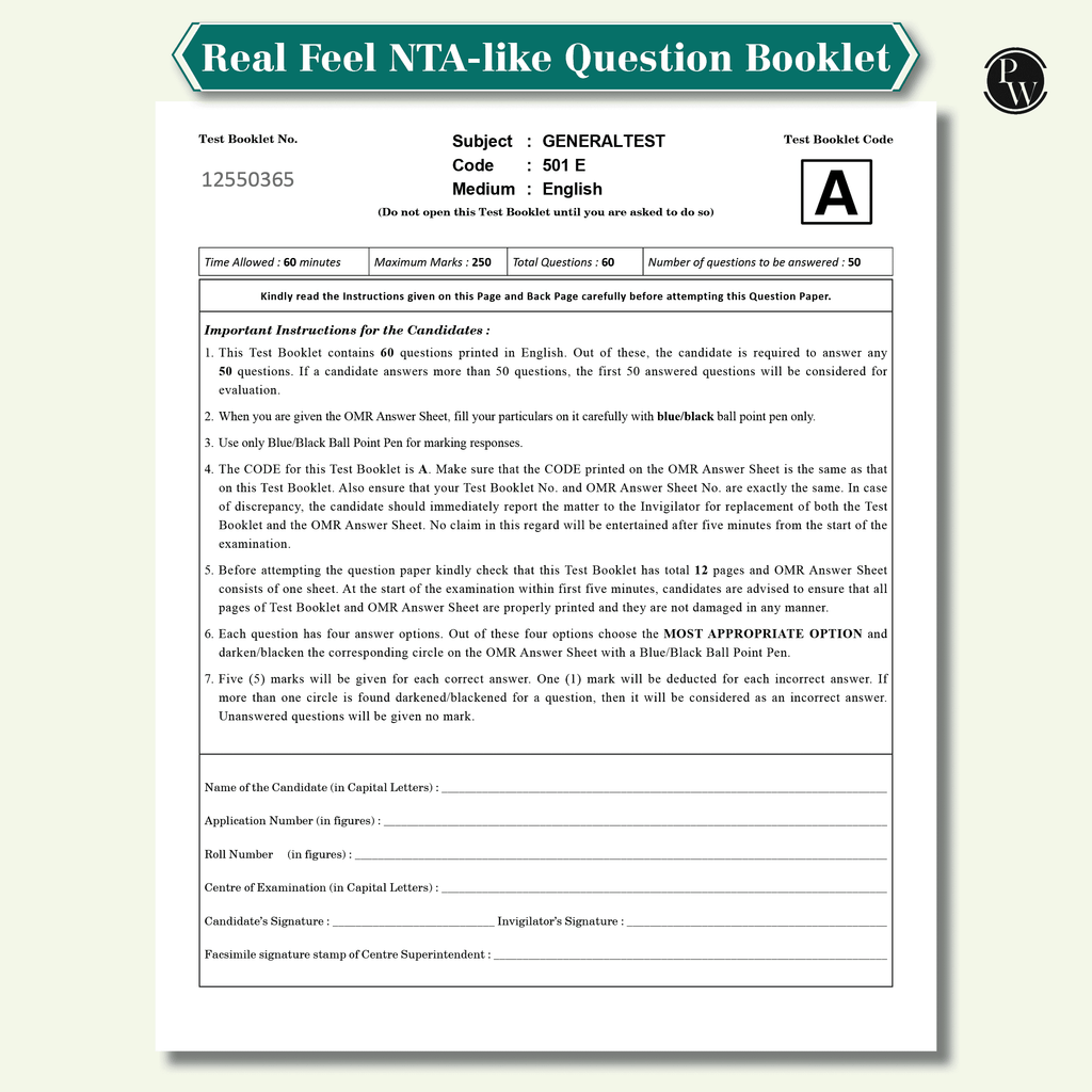 NTA CUET UG General Test and English Combined Mock Test and Past Year Papers For 2025 Exams | NTA-like Test Booklet with OMR Sheet | FREE Online CBT
