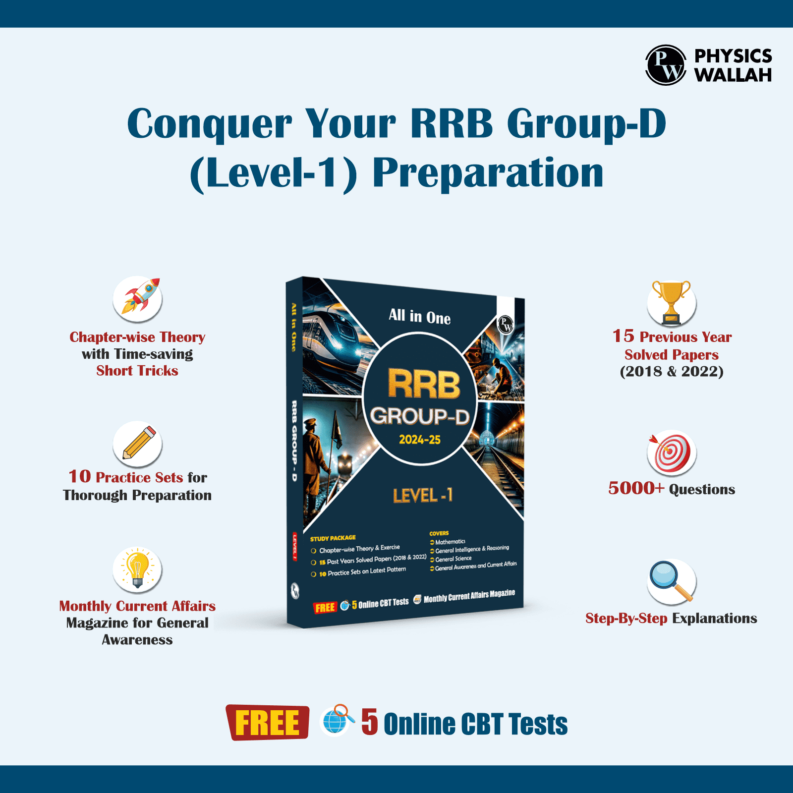 All in One RRB Group D Level-1 For 2024-25 Exam | Chapterwise Theory, Short Tricks and Exercises | 15 Previous Year Solved Papers (PYQs) 2018 & 2022 with 15 Practice Sets