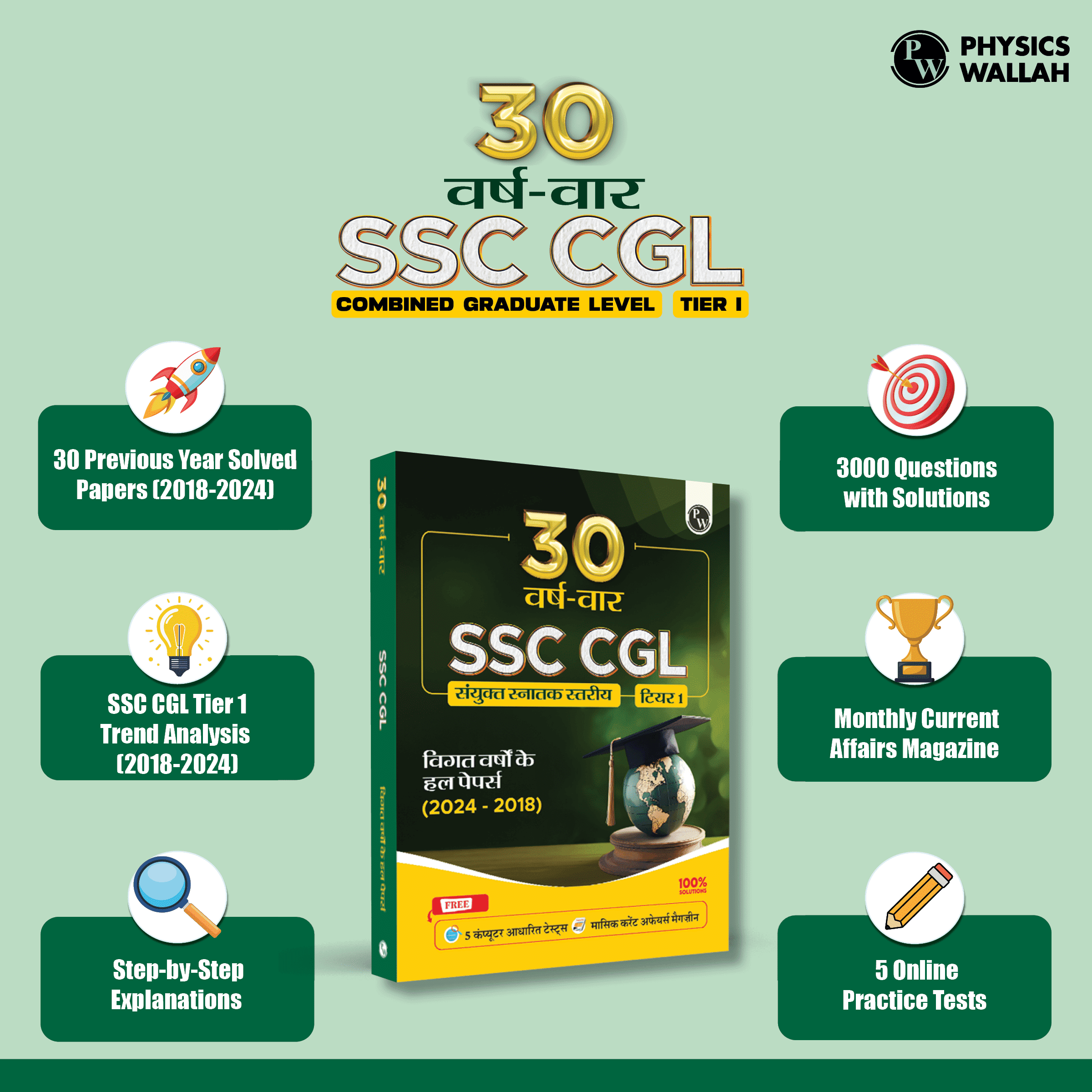 30 SSC CGL (Combined Graduate Level) Tier 1 Previous Year Solved Papers (2018-2024) with 5 Online Mock Tests For Exam 2025-2026 | Yearwise PYQs | Fully Solved | Hindi Edition