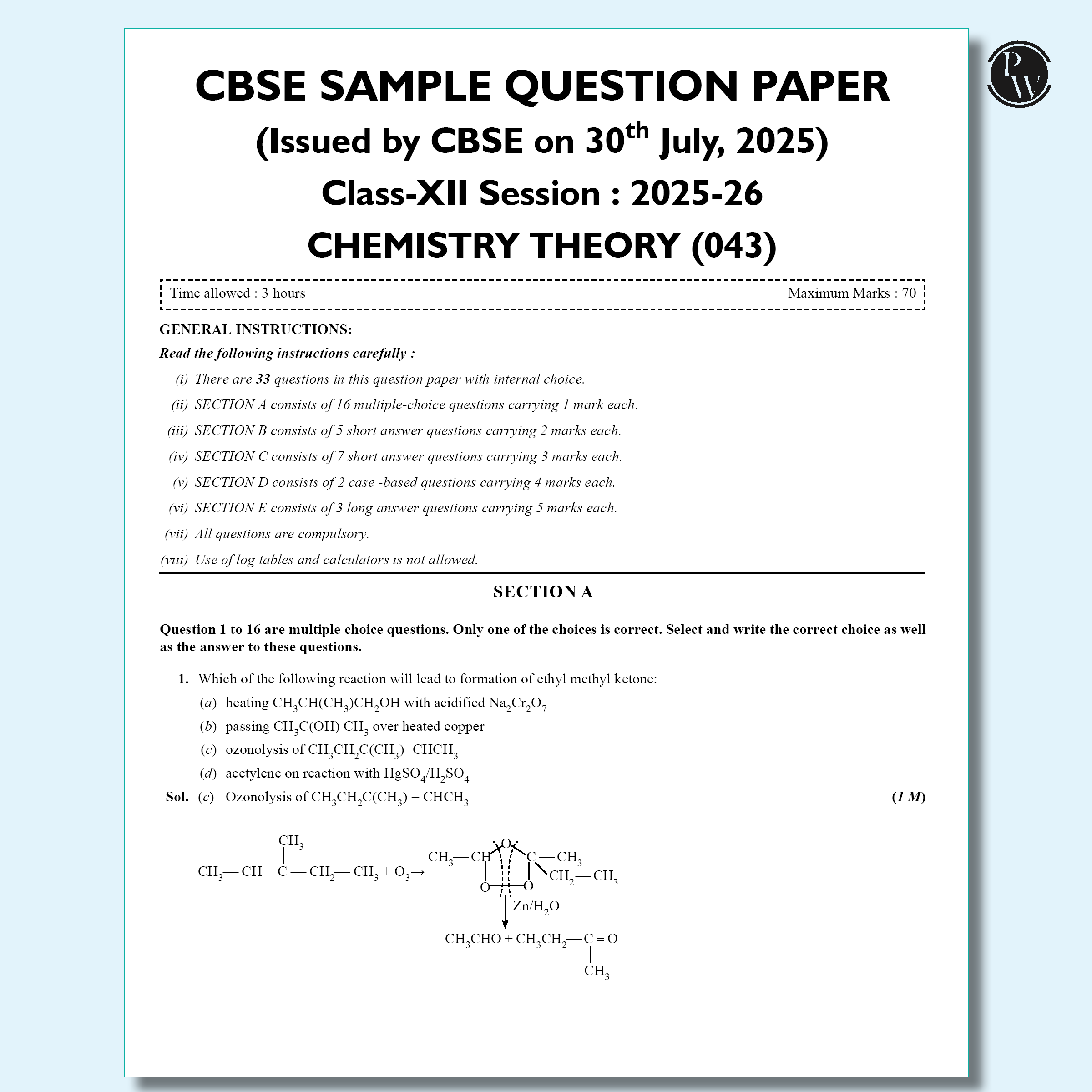 CBSE 12 Sample Question Papers Class 12 Chemistry For 2026 Board Exam (As Per Latest SQP Dated 30 July 2025) | 2025 Solved Paper, Mind Maps, Stepwise Marking