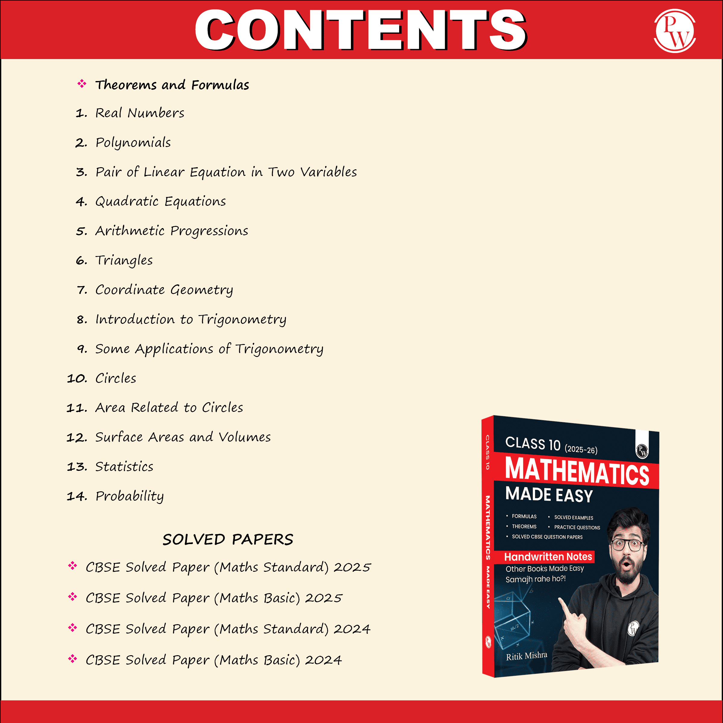 CBSE Class 10 Mathematics Made Easy Handwritten Notes By Ritik Mishra For Board 2025-2026 Exams | Formulas, Solved Examples, Theorems, Practice Questions, Solved CBSE Questions