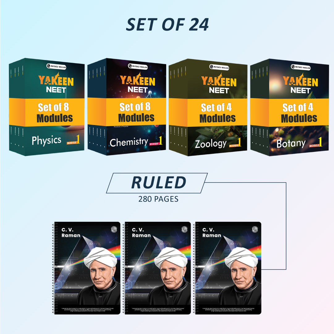 Yakeen For NEET Droppers Physics, Chemistry, Botany and Zoology Modules with Solutions & 30 OMR Sheets Combo Set of 24 Books (2025 Edition) + Notebook set of 3