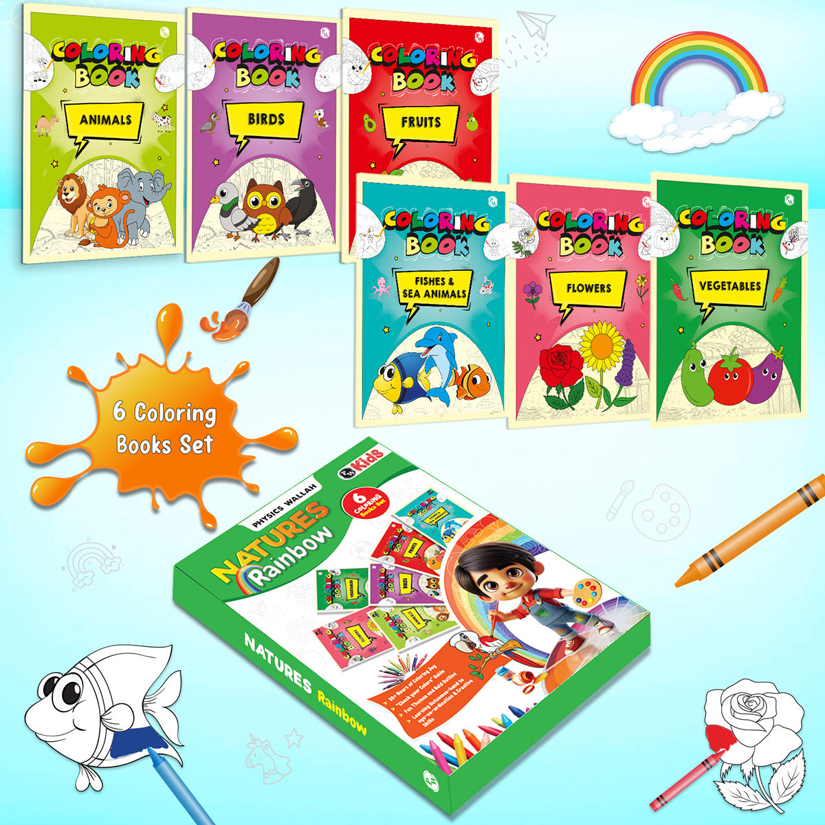 Copy Colour Book For Kids Set of 6 Books - Animals, Birds, Fishes & Sea Animals, Fruits, Vegetables, Cartoons | 2 to 6 Years Old | Ideal Birthday Gift Set for Growing Kids