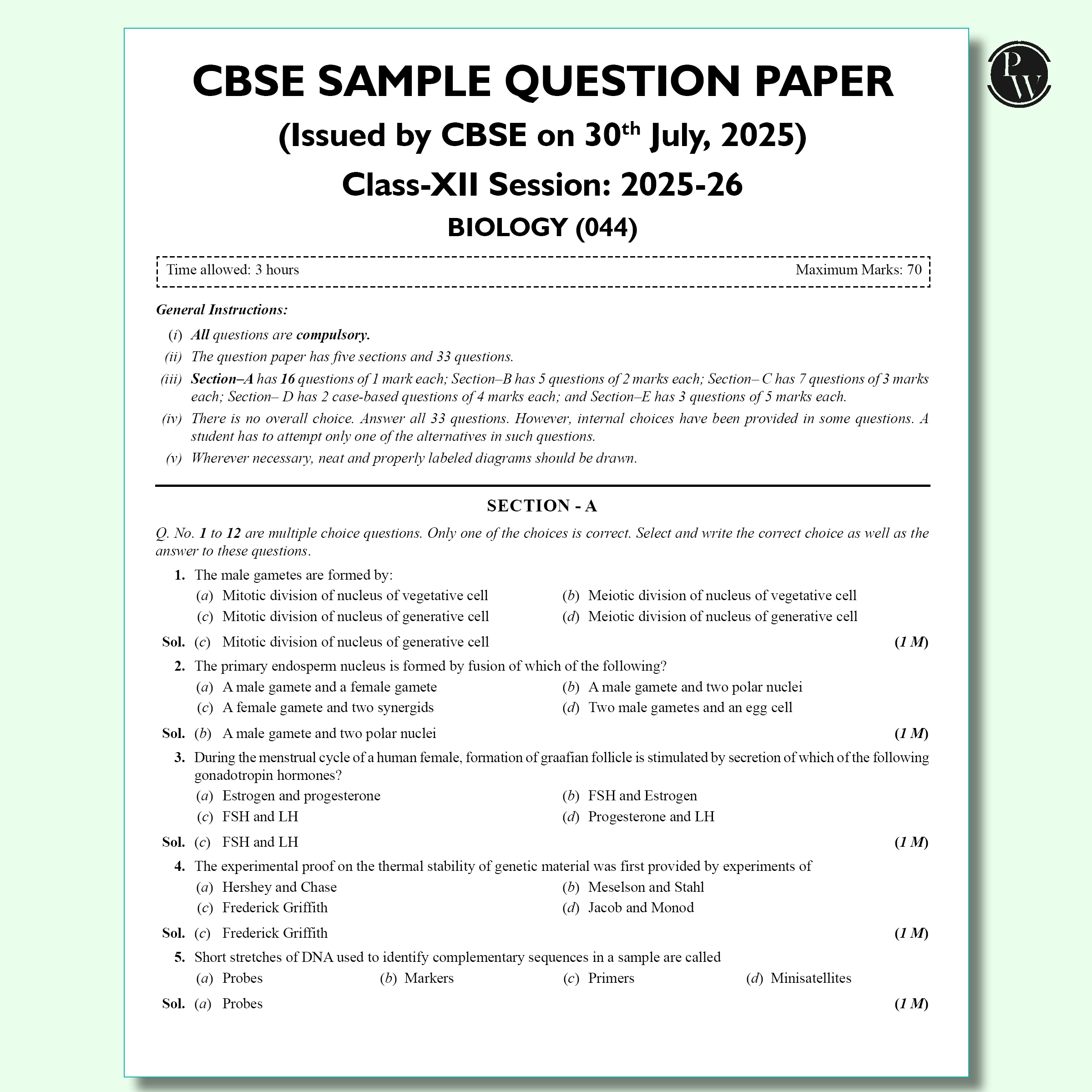 CBSE 12 Sample Question Papers Class 12 Biology For 2026 Board Exam (As Per Latest SQP Dated 30 July 2025) | 2025 Solved Paper, Mind Maps, Stepwise Marking