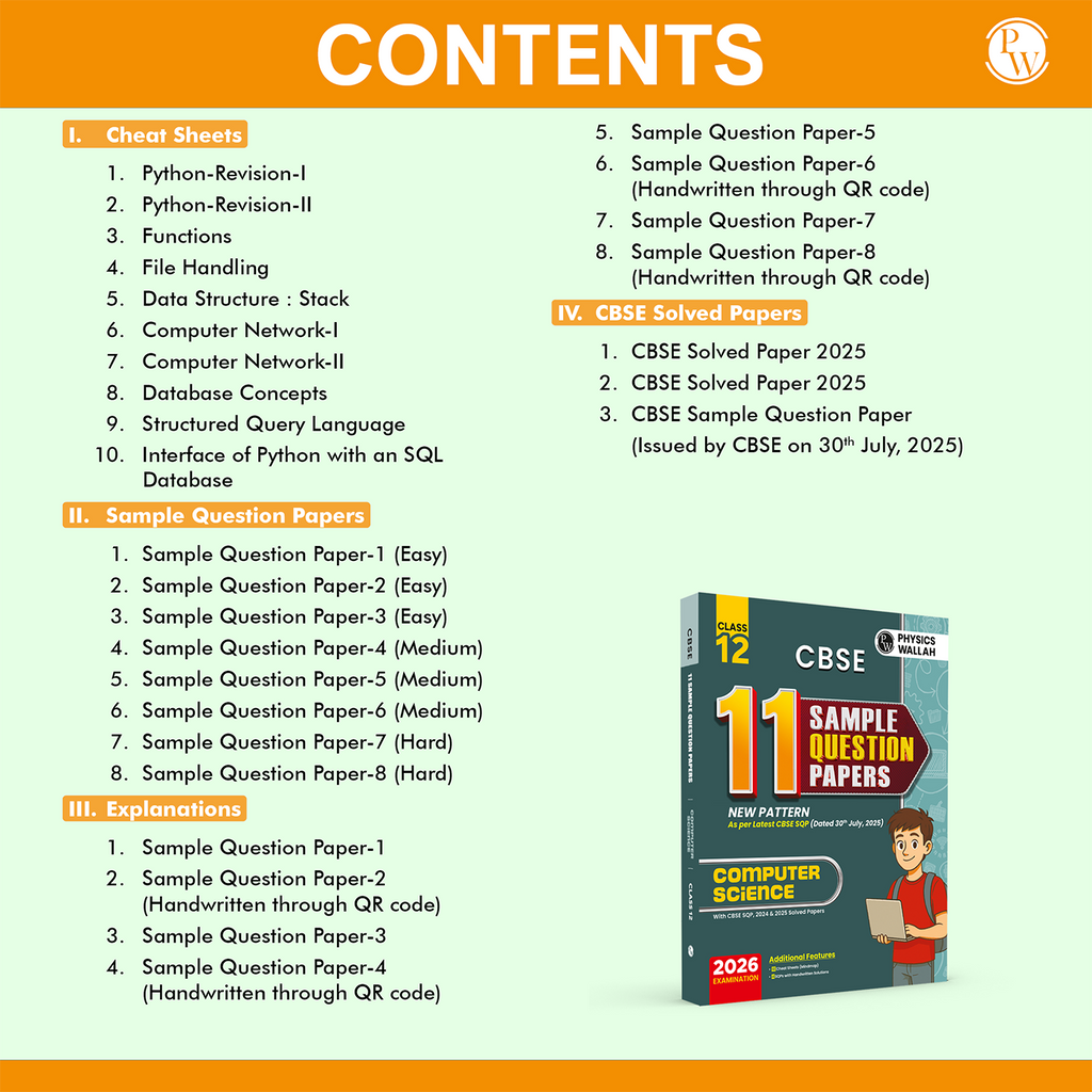 CBSE 12  Sample Question Papers Class 12 Computer Science For 2026 Board Exam (As Per Latest SQP Dated 30 July 2025) | 2024, 2025 Solved Paper, Mind Maps, Stepwise Marking