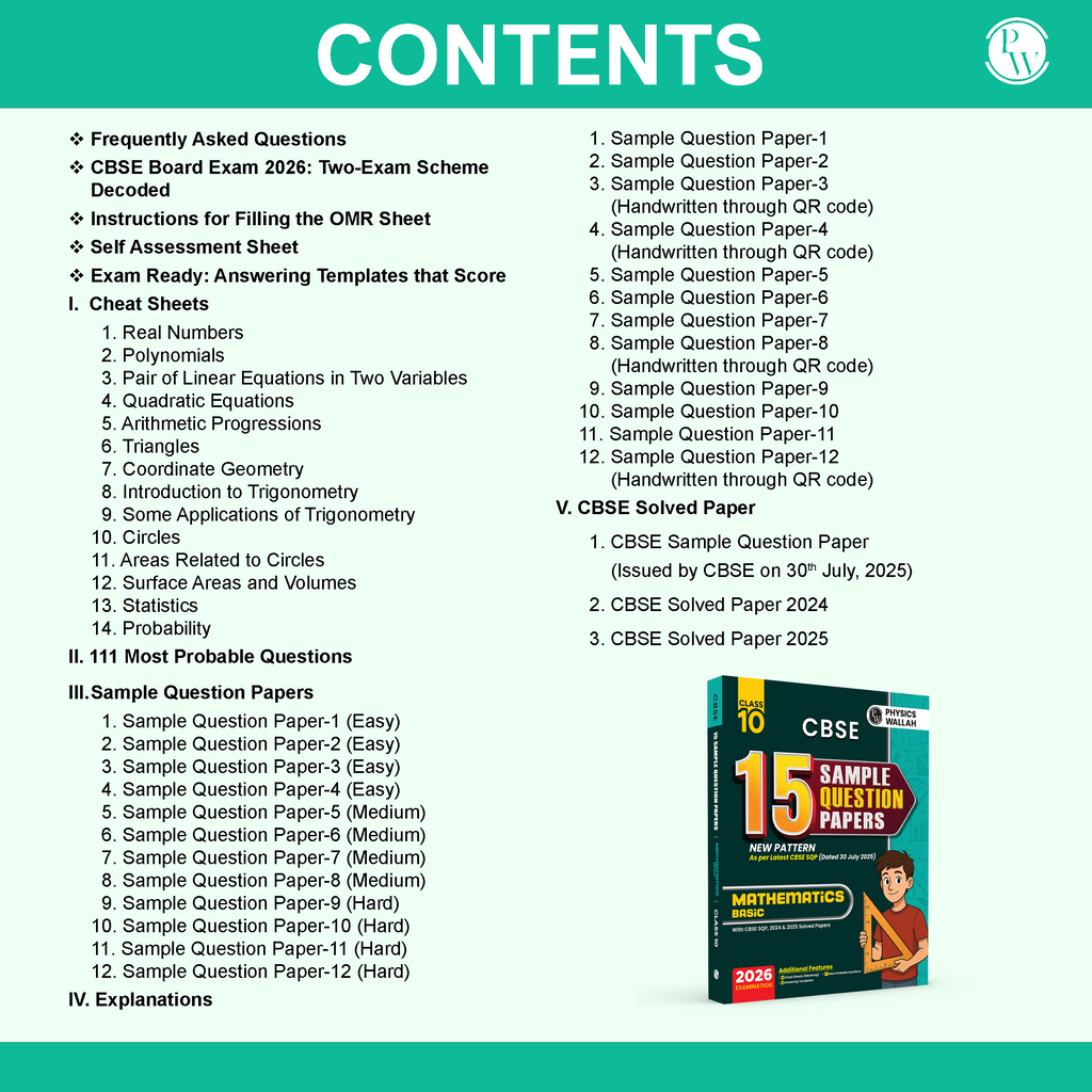 PW 15 CBSE Class 10 Maths Basic Sample Paper for 2026 Board Exam (As Per Latest SQP Dated 30 July 2025) | Mind Maps with 111 Most Probable Questions