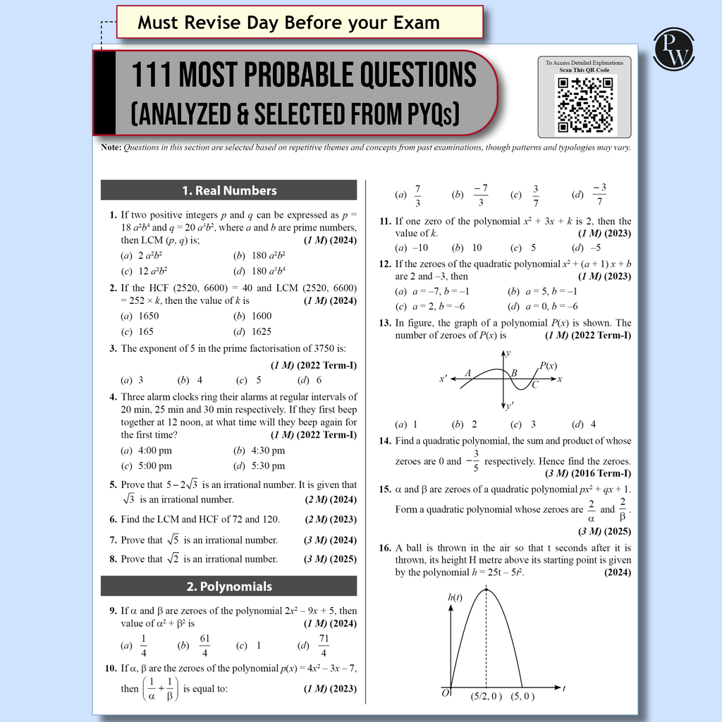 PW 15 CBSE Sample Paper Class 10 Maths Standard for 2026 Exam (As Per Latest SQP Dated 30 July 2025) | Mind Maps with 111 Most Probable Questions