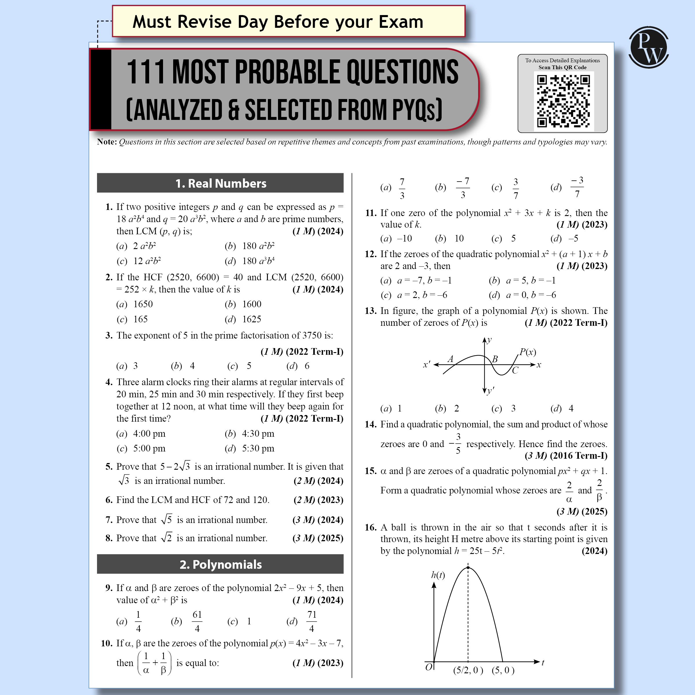 PW 15 CBSE Sample Paper Class 10 Maths Standard for 2026 Exam (As Per Latest SQP Dated 30 July 2025) | Mind Maps with 111 Most Probable Questions
