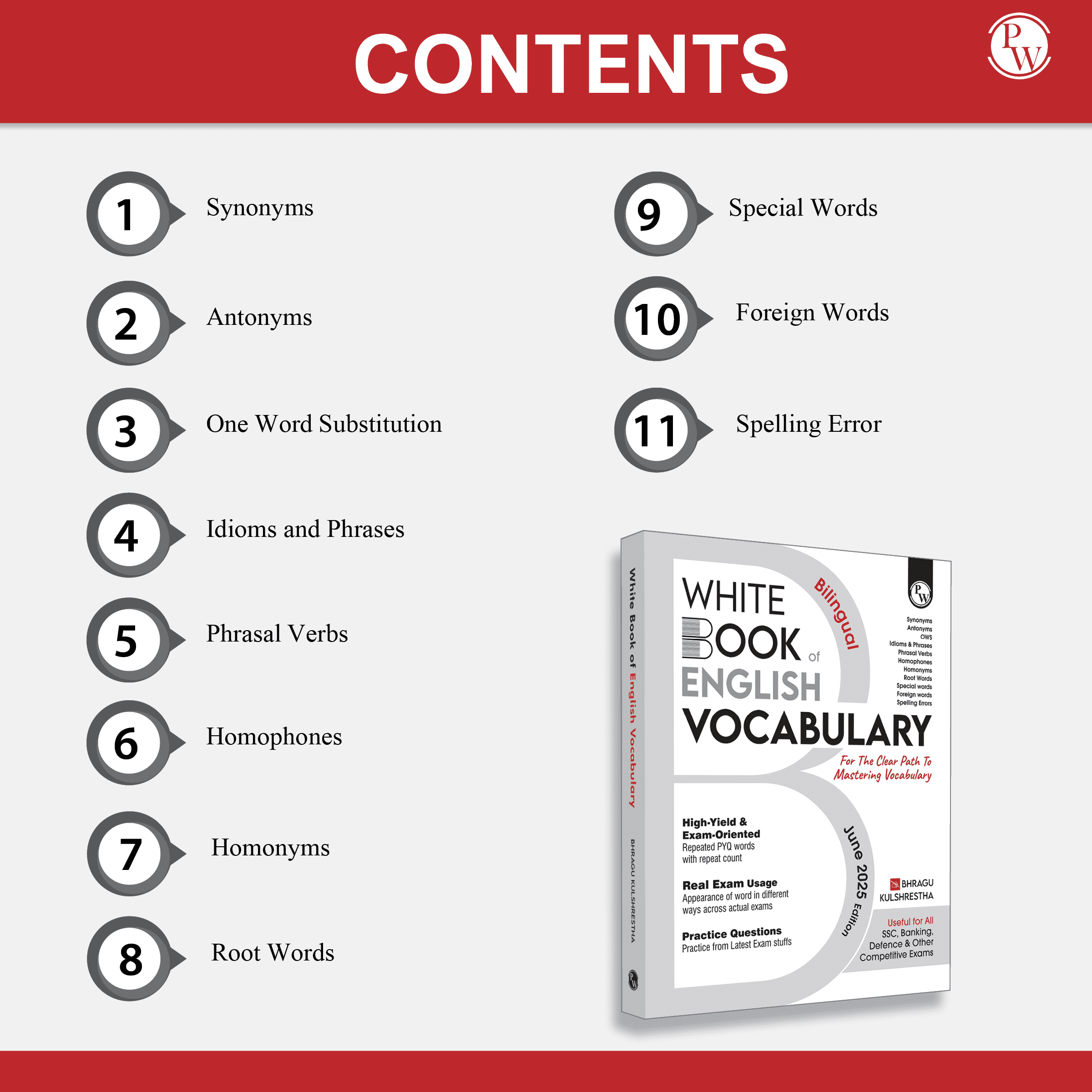 White Book of English Vocabulary June 2025 Edition By Bhragu Sir For SSC CGL, CHSL, MTS, CPO, GD, Banking, Defence, Teaching & Other Competitive Exams (Bilingual)
