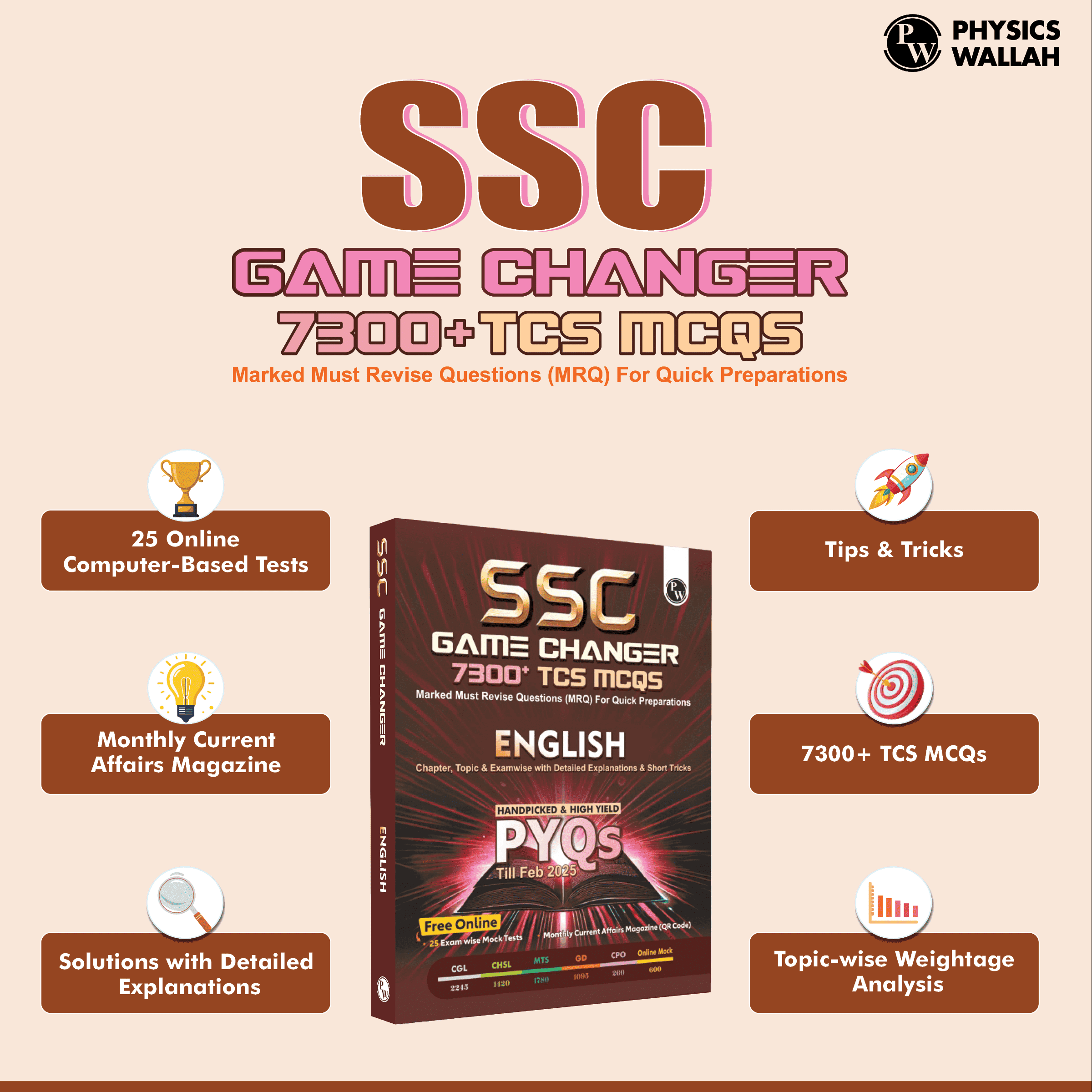 SSC English Game Changer 7300+ TCS MCQ For 2025 SSC Exams | Chapter, Topic & Exam-wise Previous Year Solved Questions (PYQs) | For CGL, CHSL, MTS, CPO, GD, Delhi Police, Steno