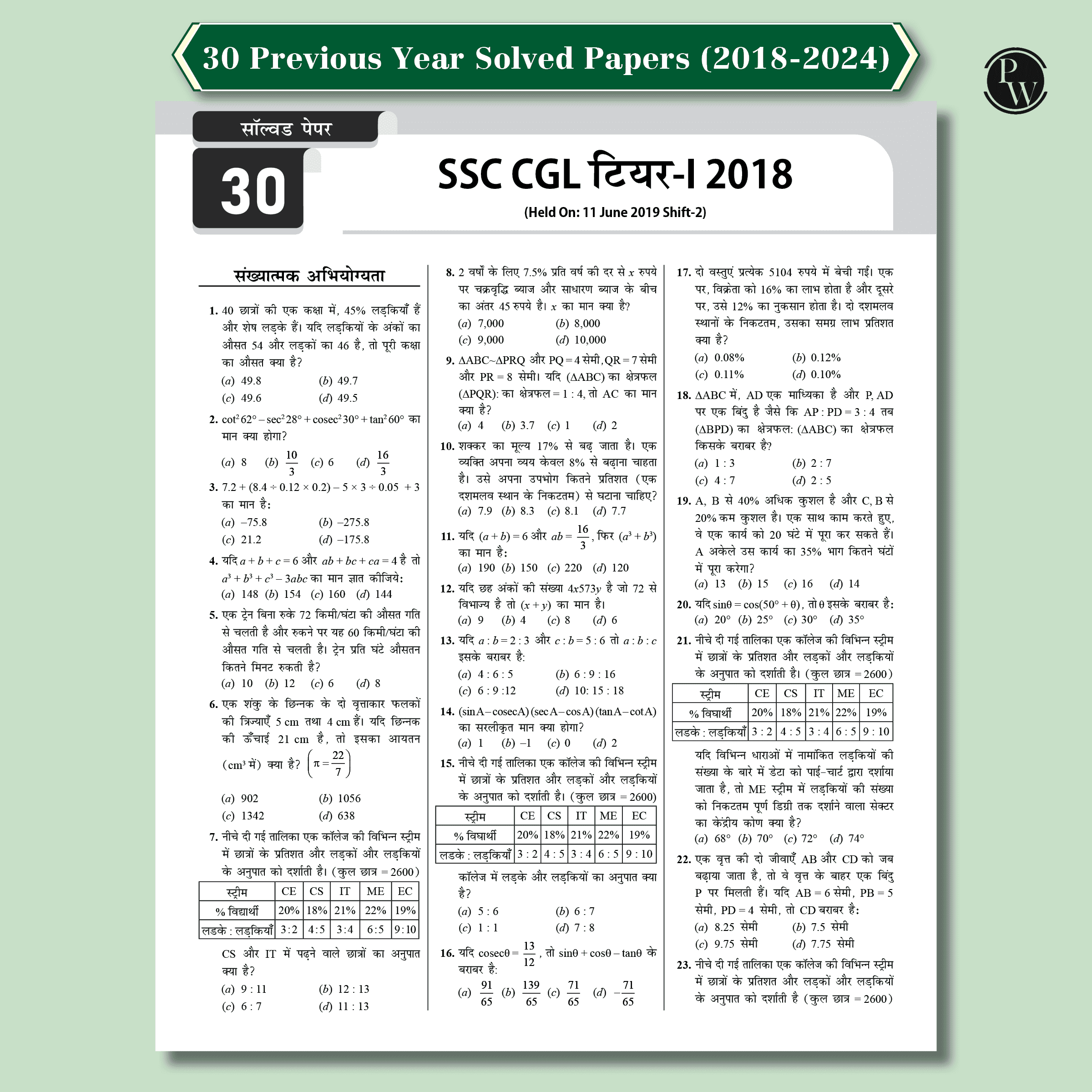 30 SSC CGL (Combined Graduate Level) Tier 1 Previous Year Solved Papers (2018-2024) with 5 Online Mock Tests For Exam 2025-2026 | Yearwise PYQs | Fully Solved | Hindi Edition