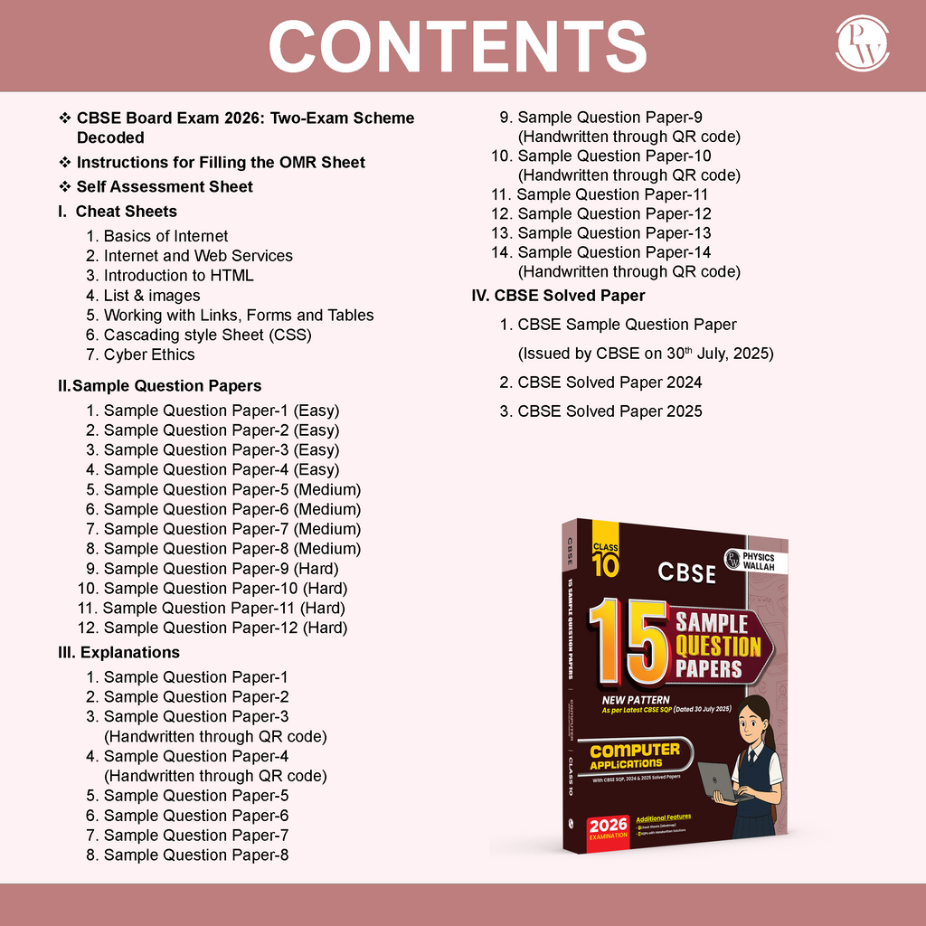 PW 15 CBSE Class 10 Computer Applications Sample Paper for 2026 Exam (As Per Latest SQP Dated 30 July 2025) | Mind Maps with 111 Most Probable Questions